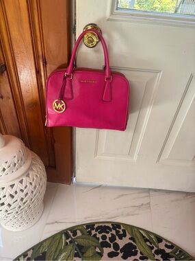 Michael Kors Hot Pink Leather Satchel with Gold Hardware